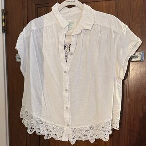 American Eagle Outfitters White Button Down Shirt with Lace Hem